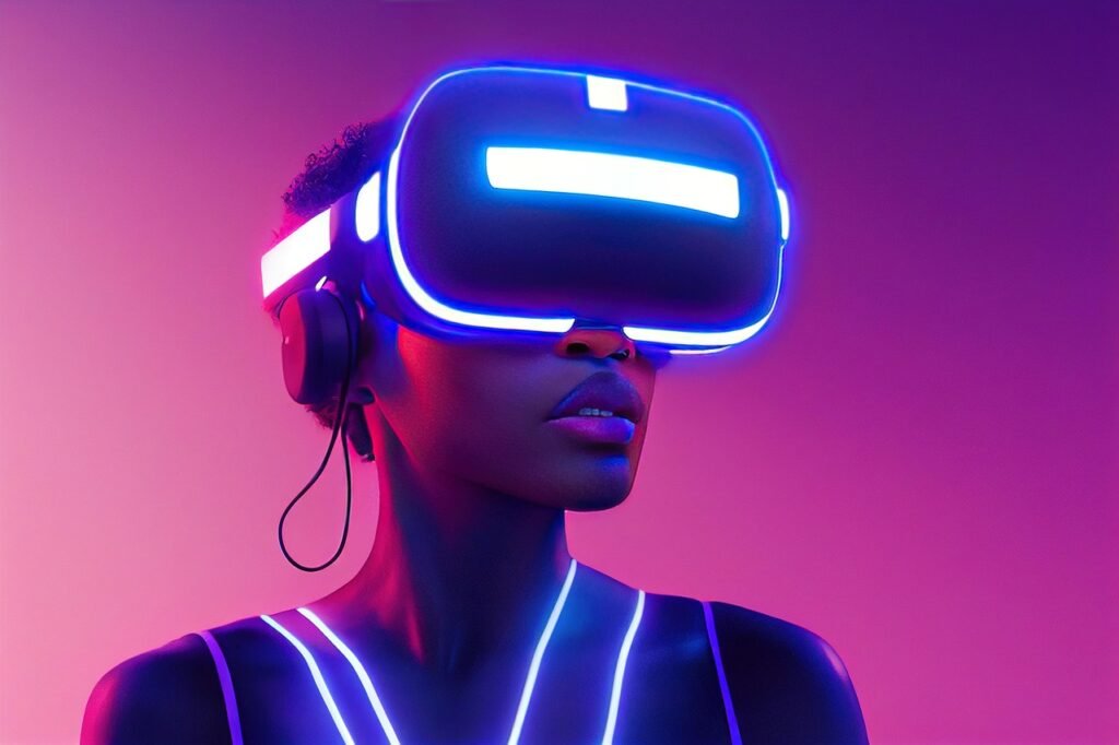 xr, mr, mixed reality, virtual reality, augmented reality, african american, female, woman, lady, girl, metaverse, black, america, pink, purple, blue, neon, lighting